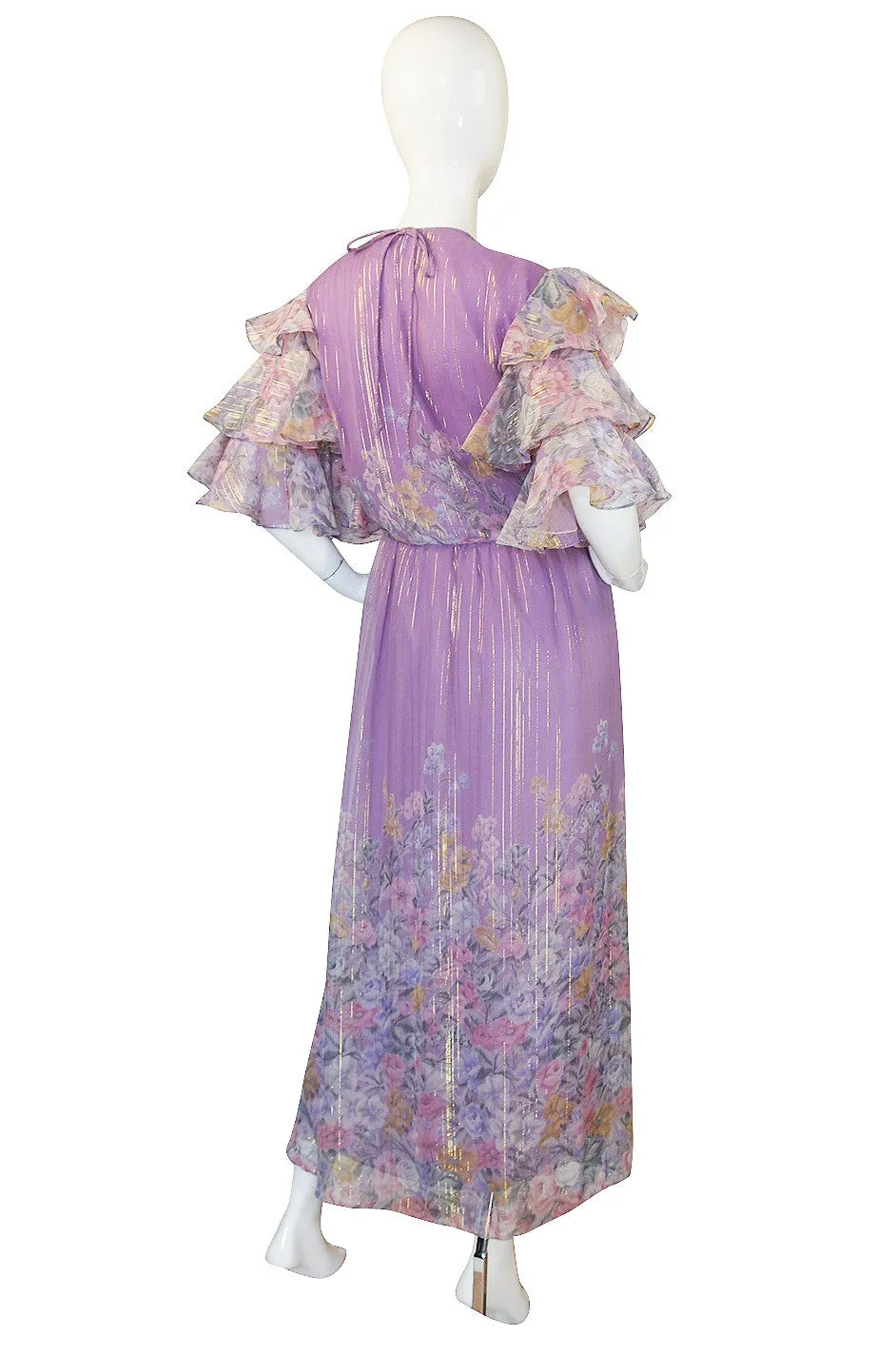 1980s Ruffle Sleeve Floral & Gold Hanae Mori Dress