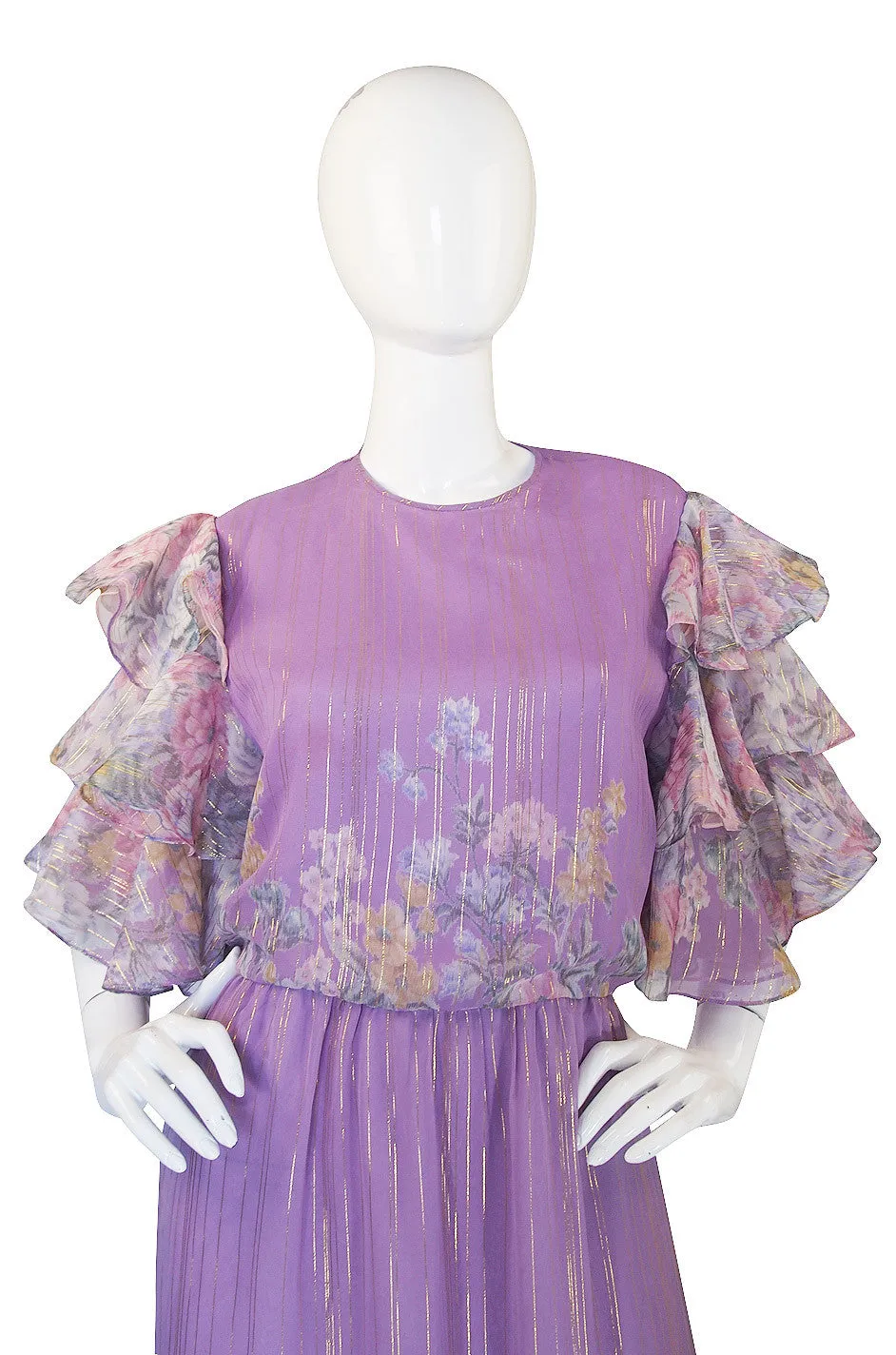 1980s Ruffle Sleeve Floral & Gold Hanae Mori Dress