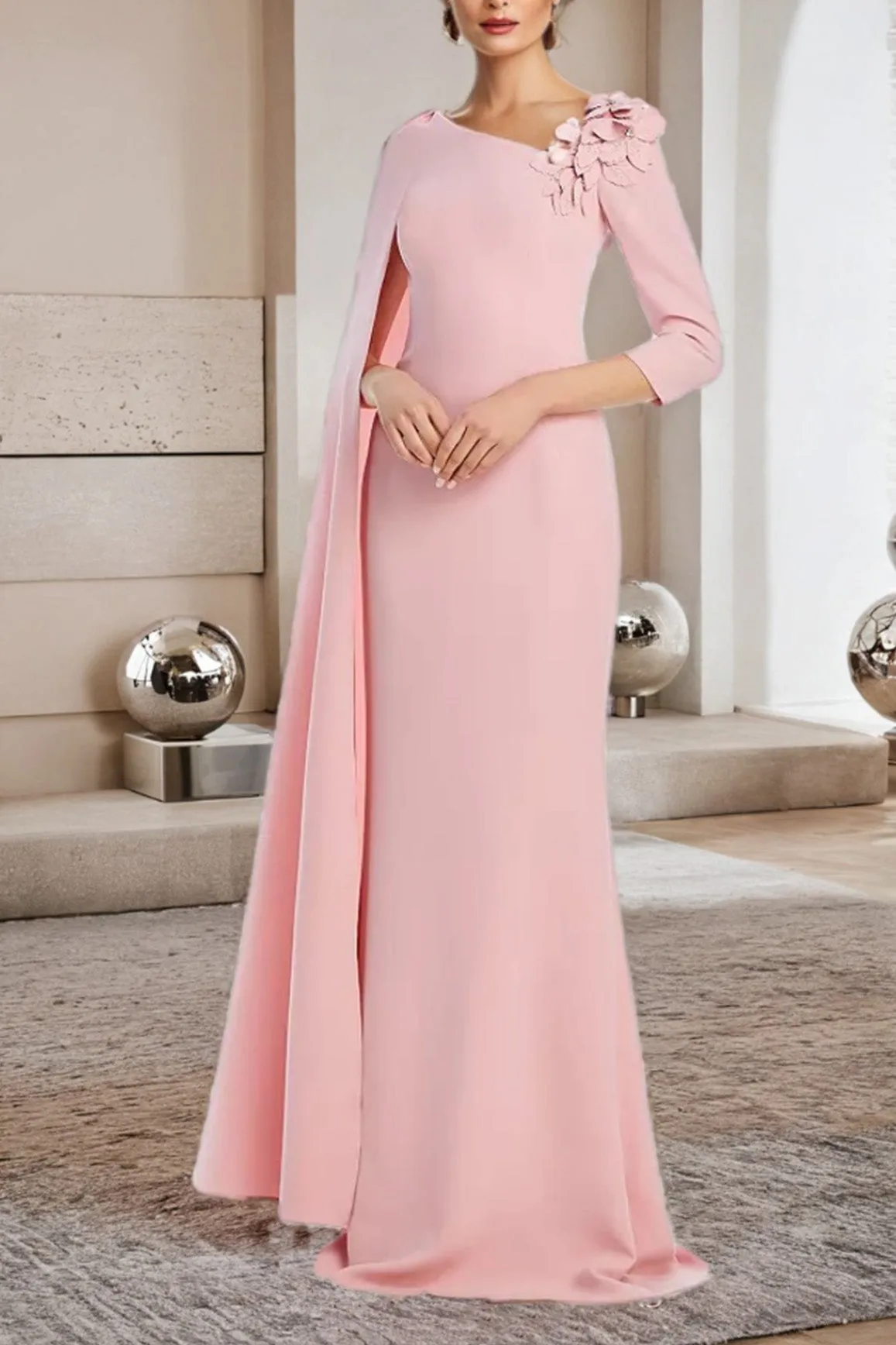 3/4 Sleeve Elegant Pink Long Wedding Party Dress