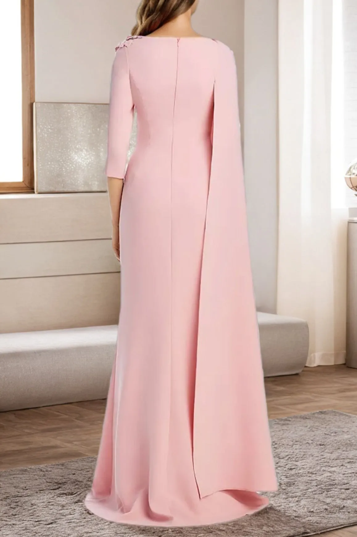 3/4 Sleeve Elegant Pink Long Wedding Party Dress