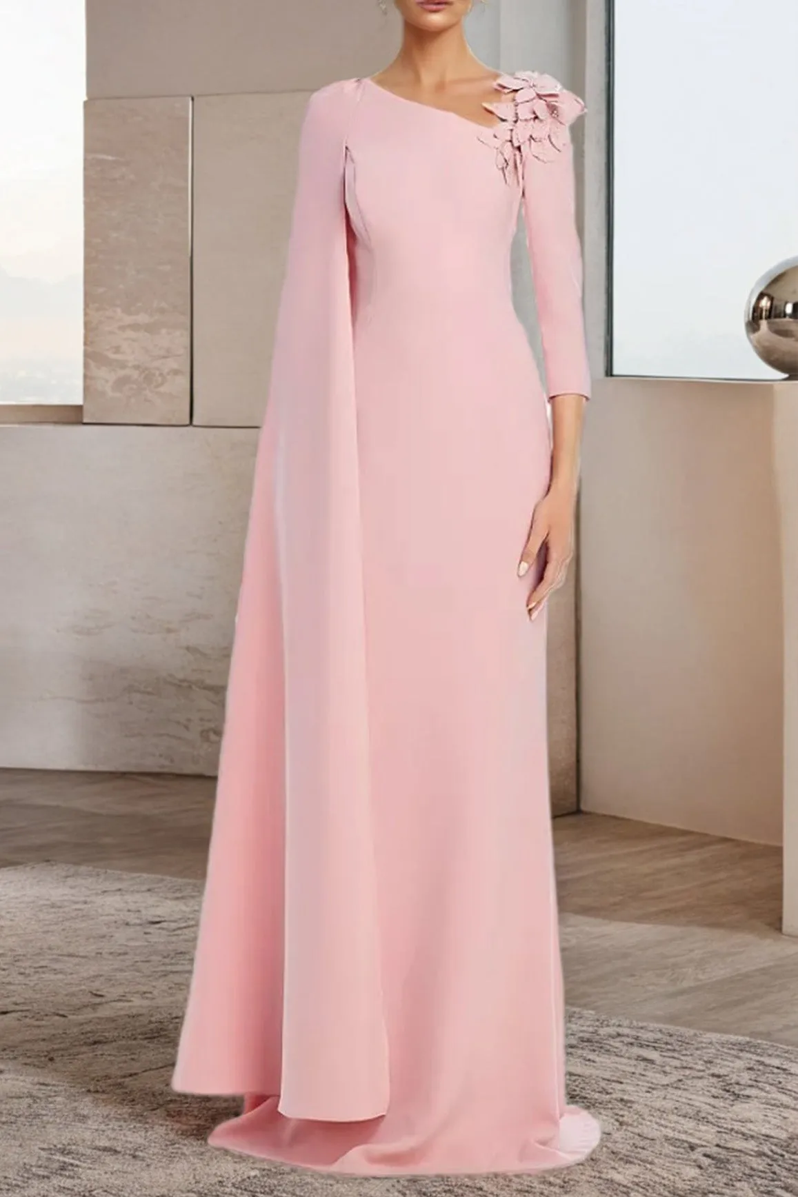 3/4 Sleeve Elegant Pink Long Wedding Party Dress