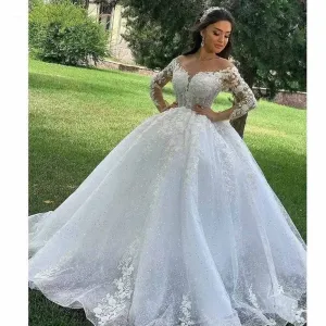 Ball Gown Bateau Long Sleeves Sweep/Brush Train Applique Satin Wedding Dresse