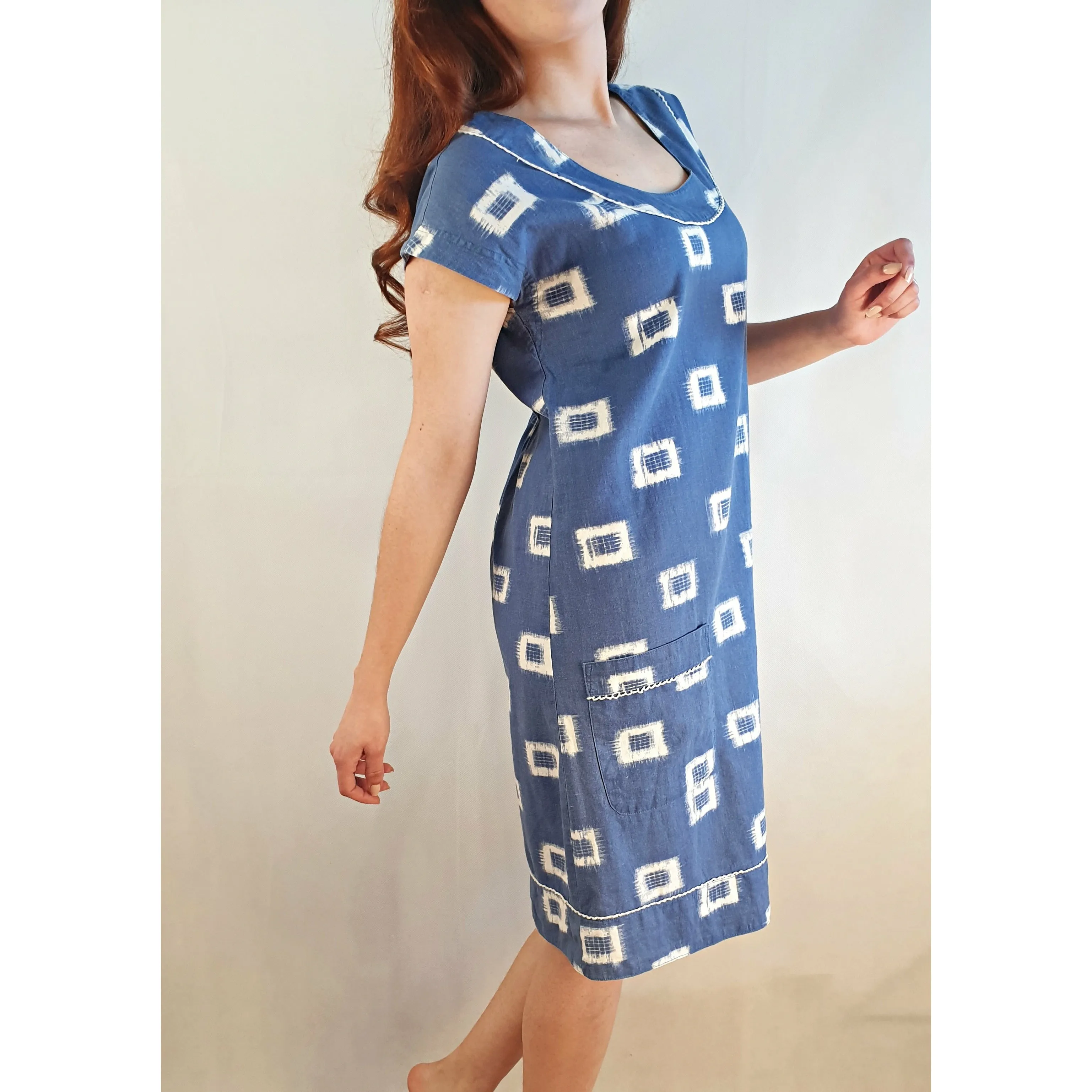 Binny blue dess with white print and pockets size 10