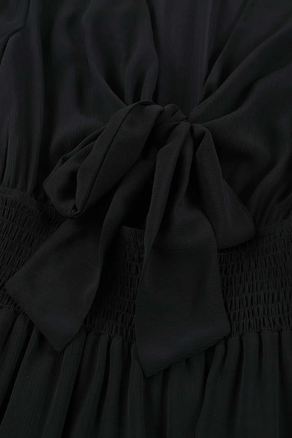 Black Deep V Neck Lantern Sleeve Knotted Tiered Mini Dress