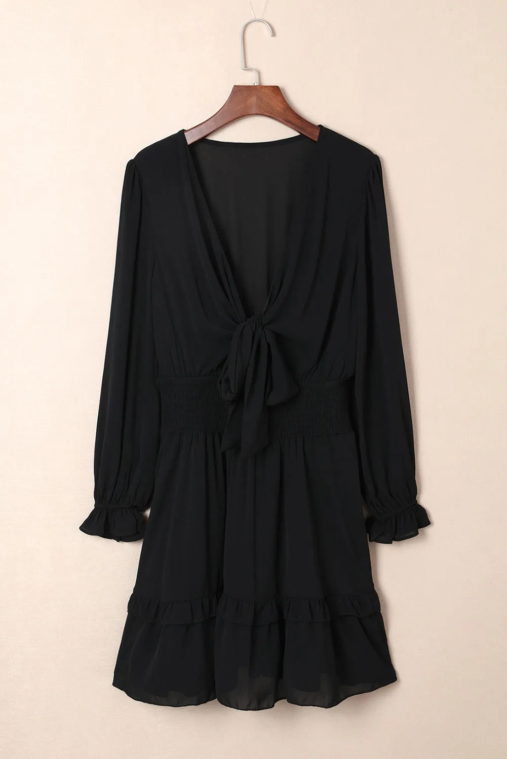 Black Deep V Neck Lantern Sleeve Knotted Tiered Mini Dress