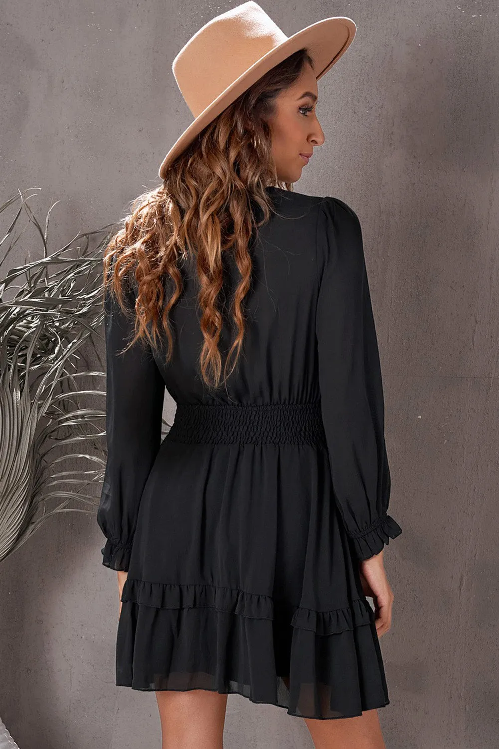 Black Deep V Neck Lantern Sleeve Knotted Tiered Mini Dress