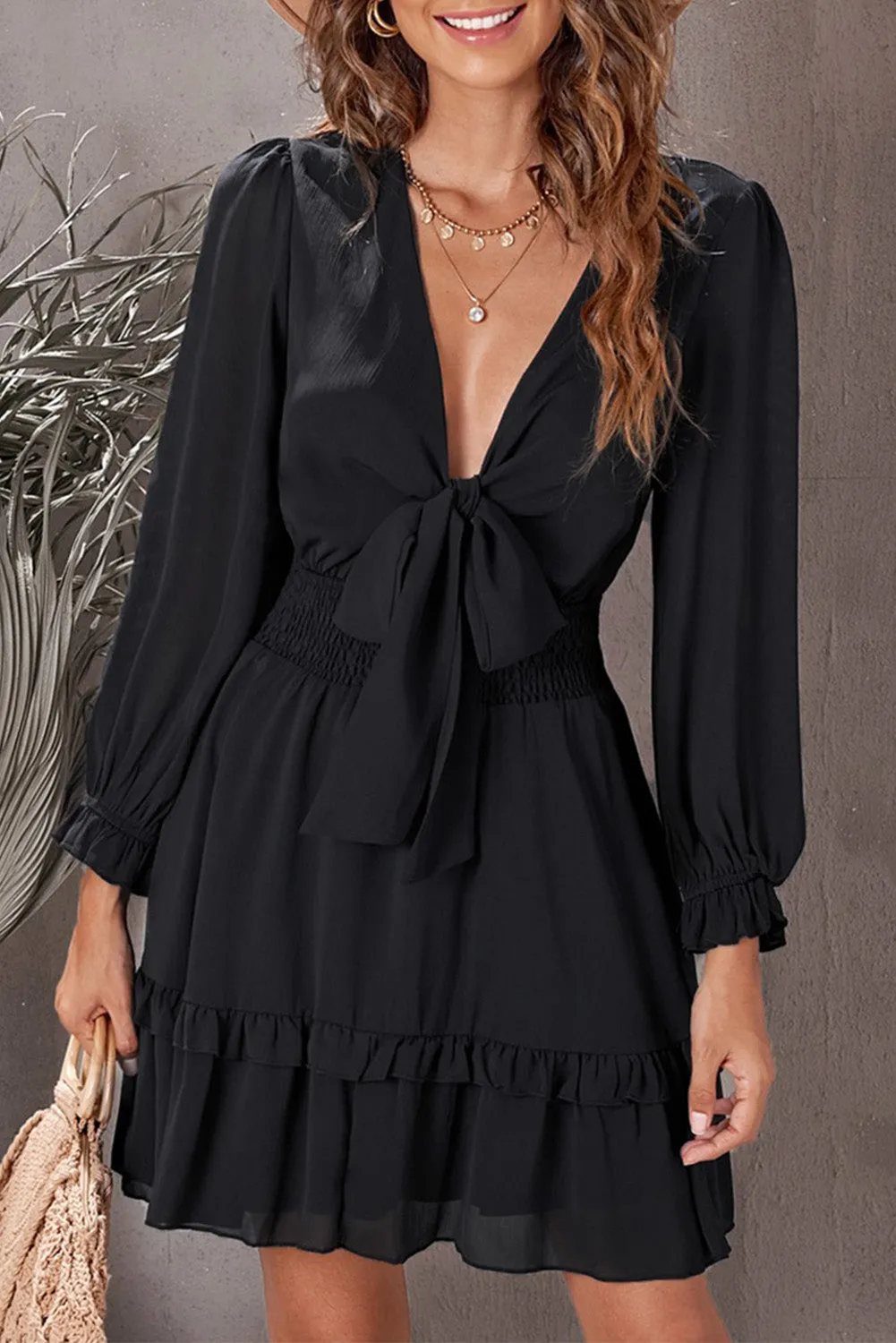 Black Deep V Neck Lantern Sleeve Knotted Tiered Mini Dress