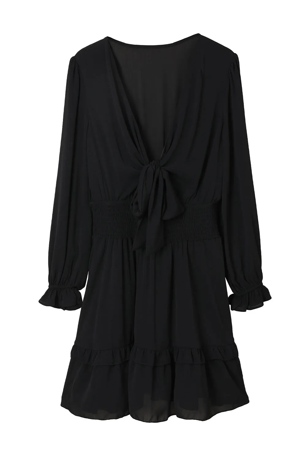 Black Deep V Neck Lantern Sleeve Knotted Tiered Mini Dress