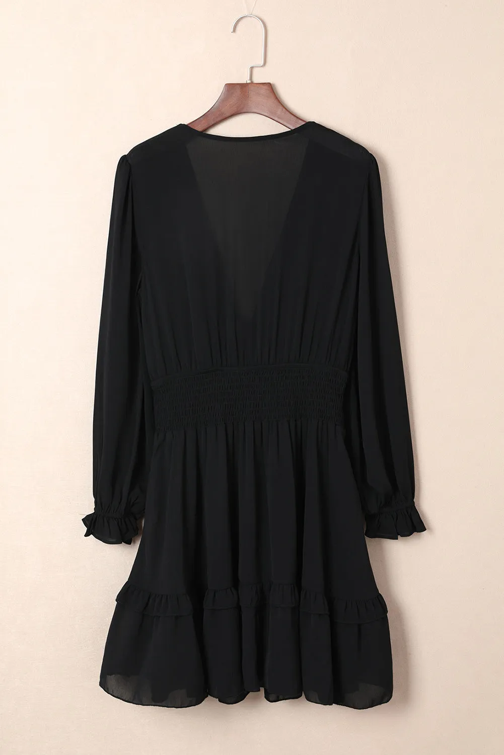 Black Deep V Neck Lantern Sleeve Knotted Tiered Mini Dress