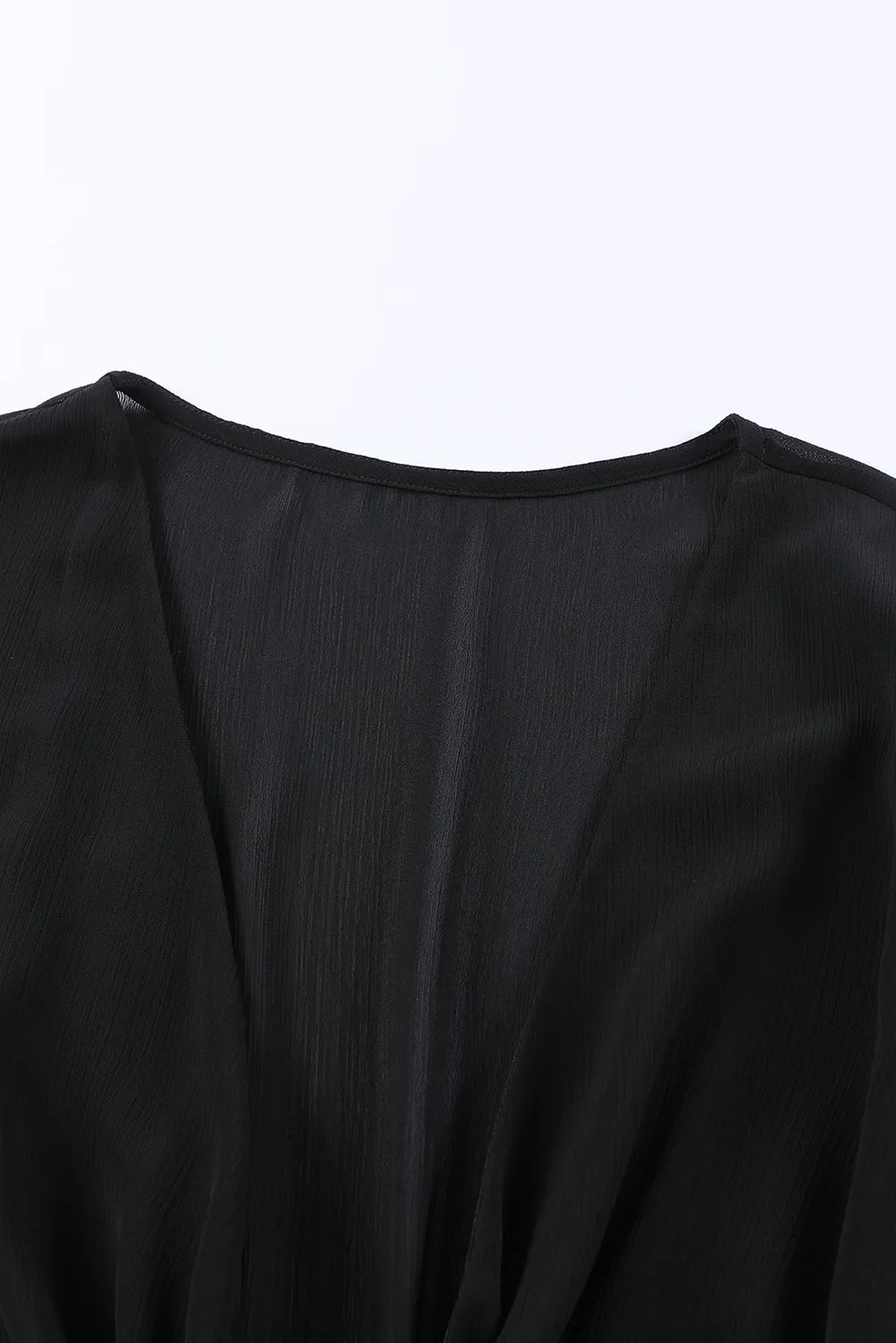 Black Deep V Neck Lantern Sleeve Knotted Tiered Mini Dress