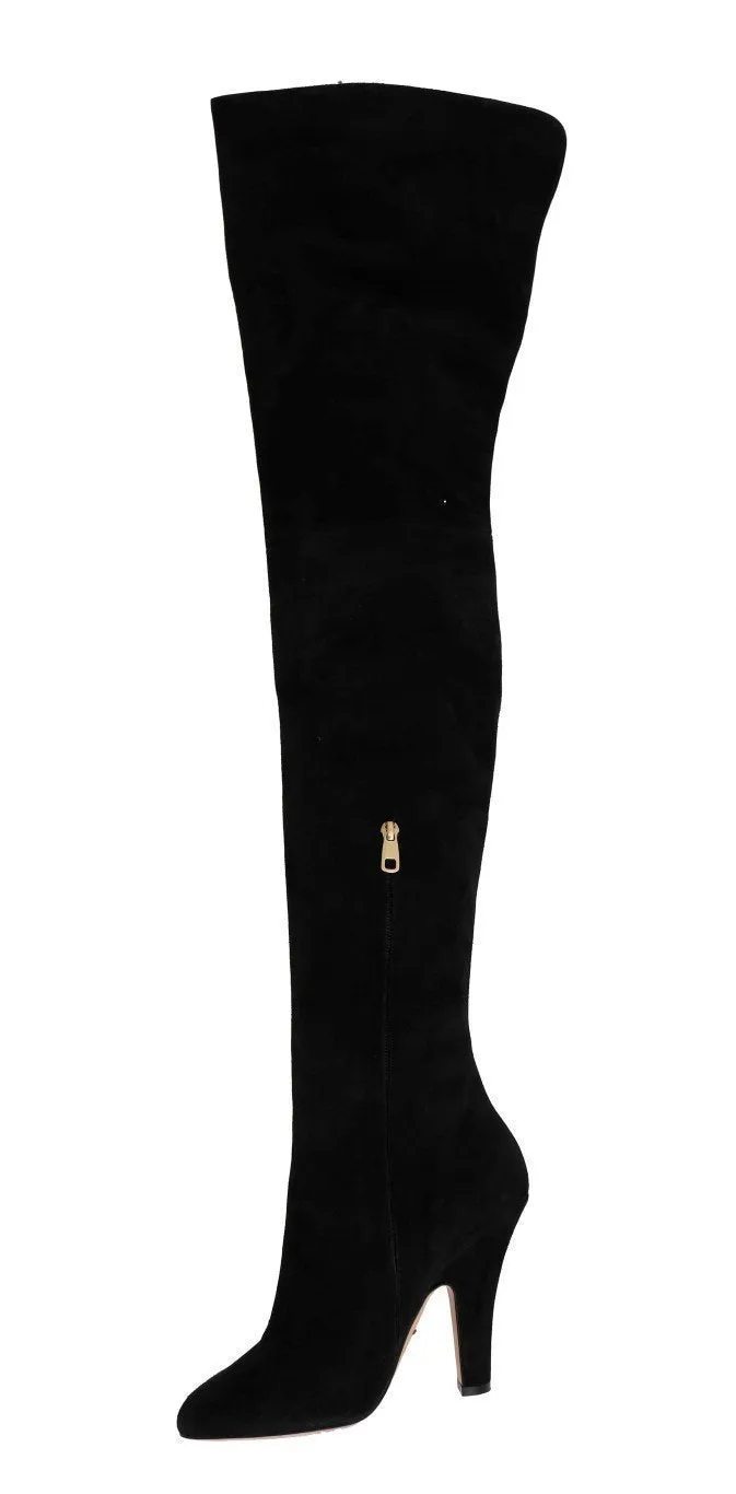 Black Suede Leather Over Knee Boots