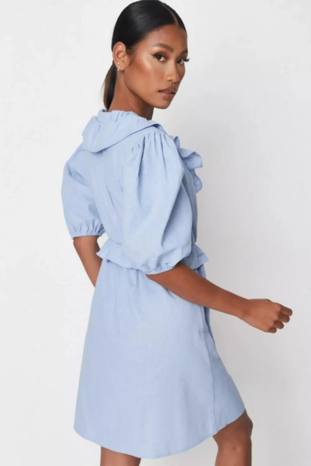 Blue Frill Waist Skater Dress