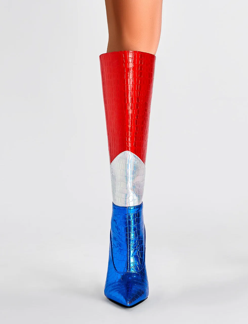 Blue High Heel Pointed Toes Metallic Leather Boots Shoes