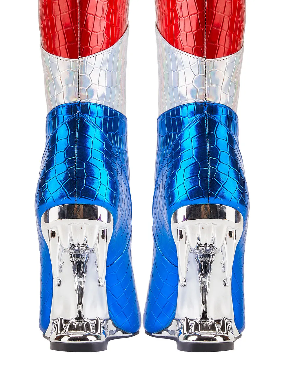 Blue High Heel Pointed Toes Metallic Leather Boots Shoes