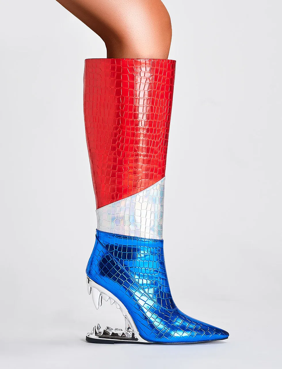 Blue High Heel Pointed Toes Metallic Leather Boots Shoes