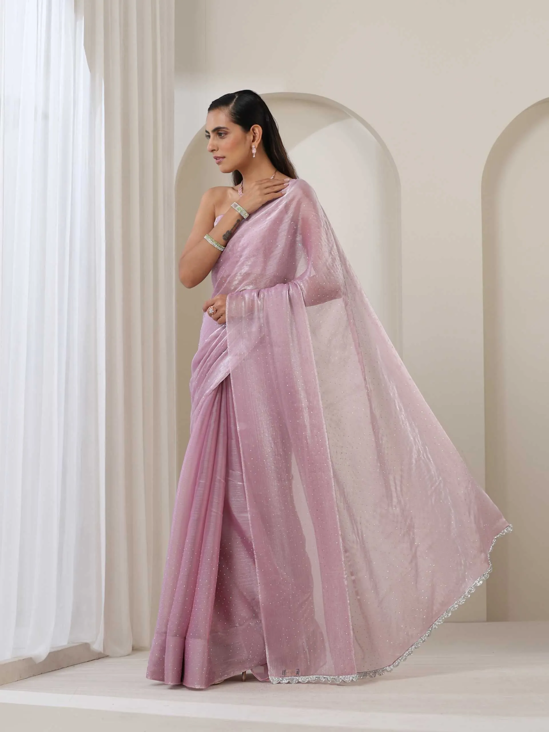Blush Glamour Swarovski Style Organza Saree with Blouse Fabric