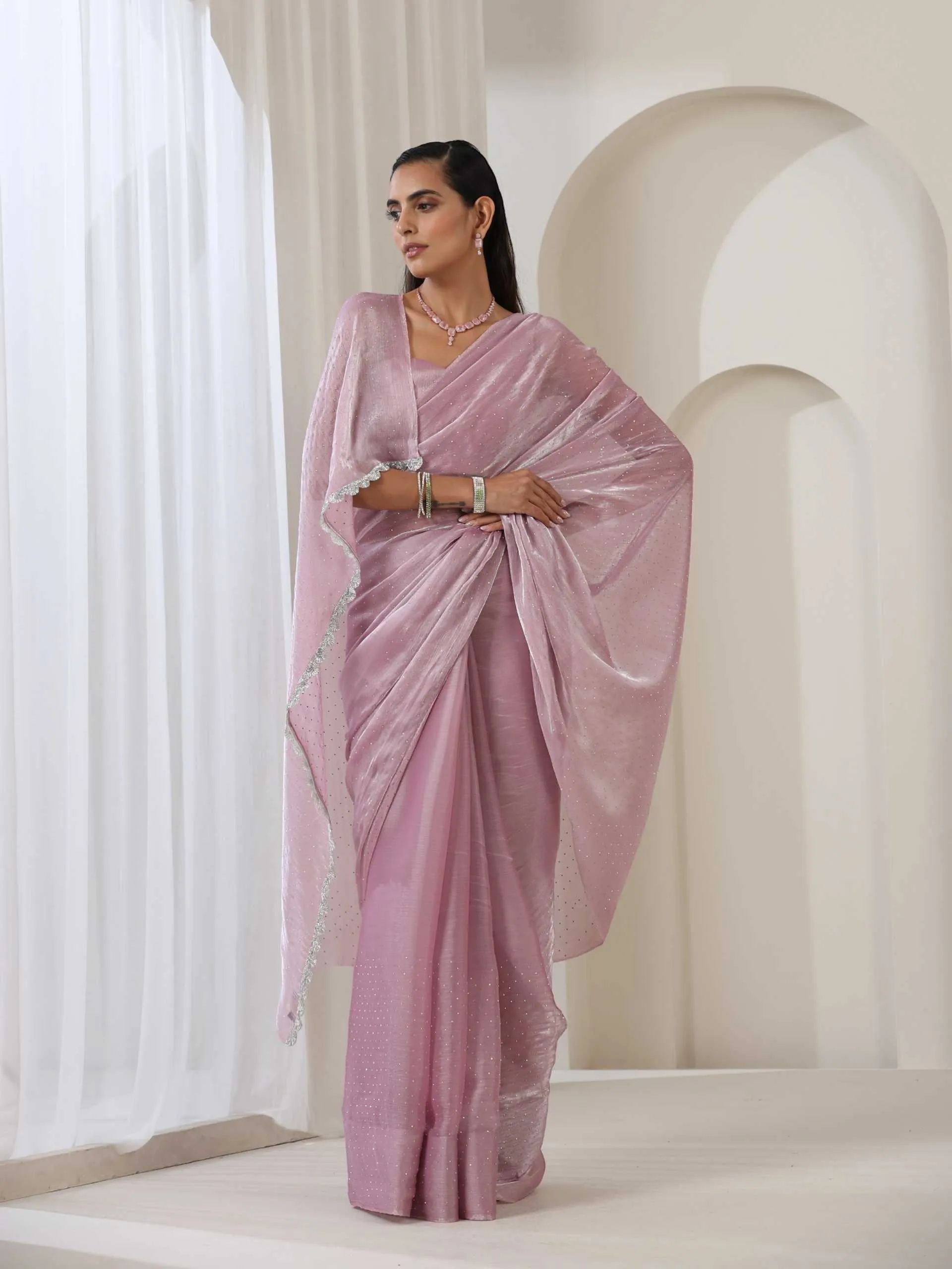 Blush Glamour Swarovski Style Organza Saree with Blouse Fabric