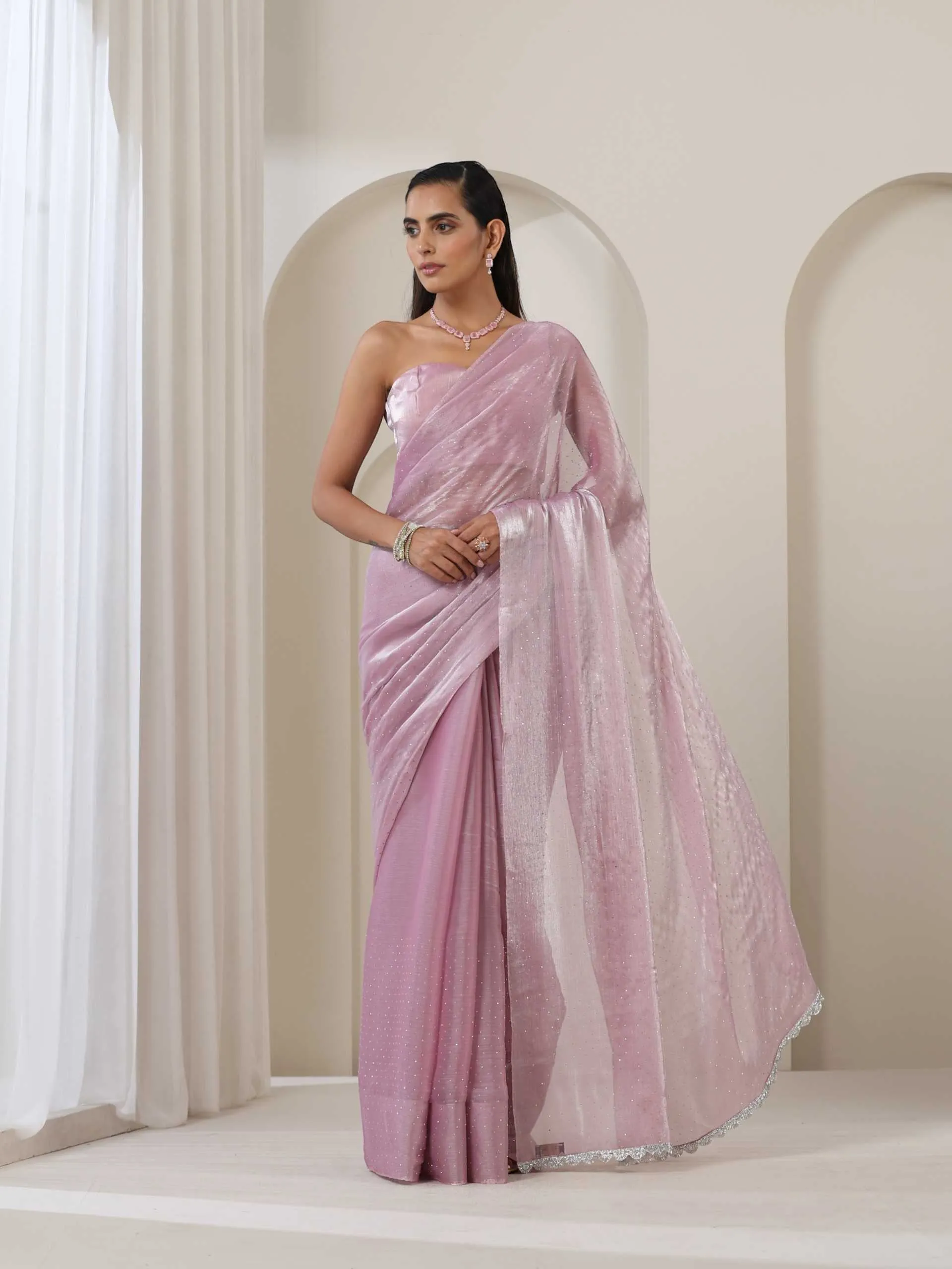 Blush Glamour Swarovski Style Organza Saree with Blouse Fabric