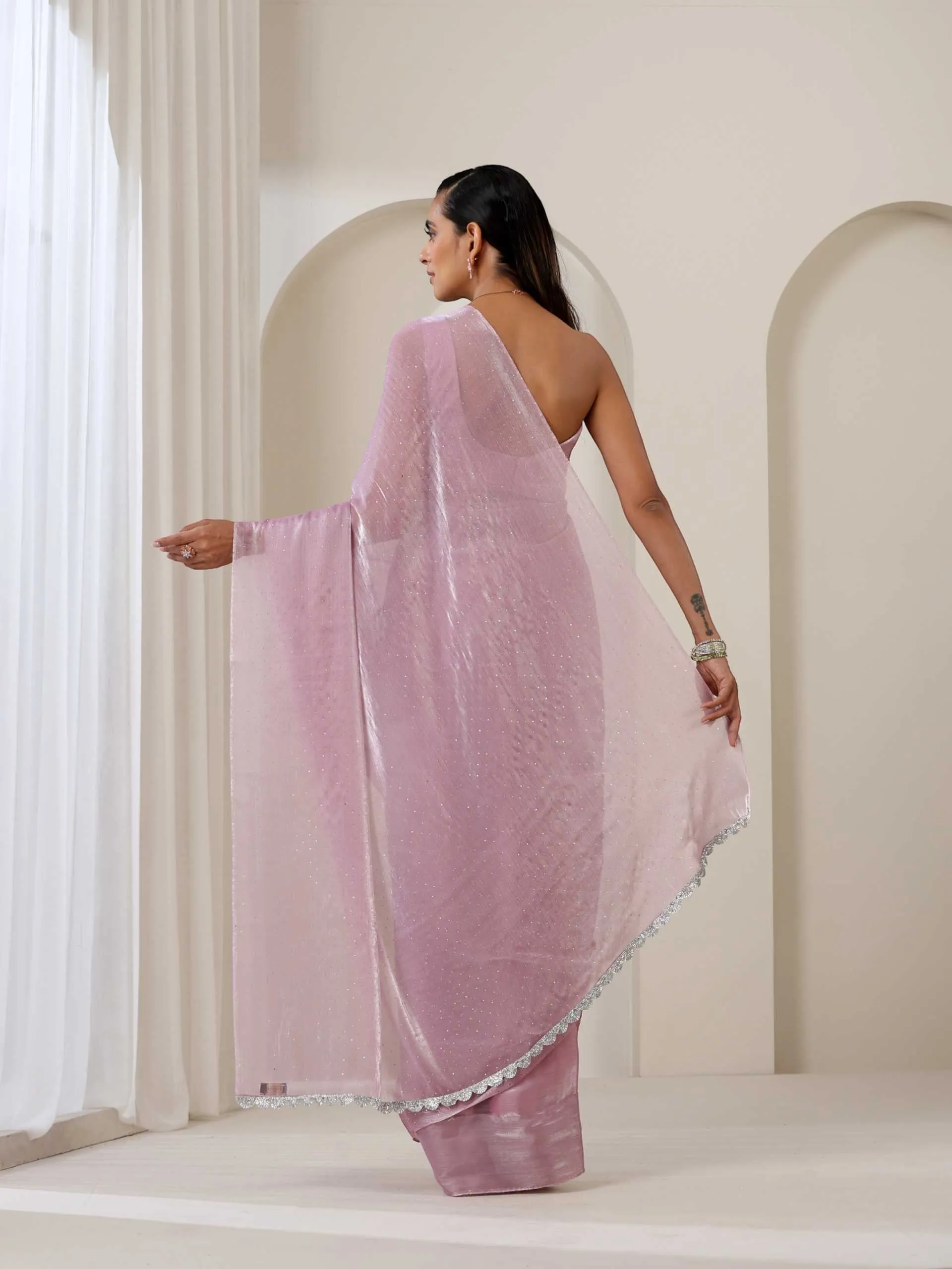 Blush Glamour Swarovski Style Organza Saree with Blouse Fabric