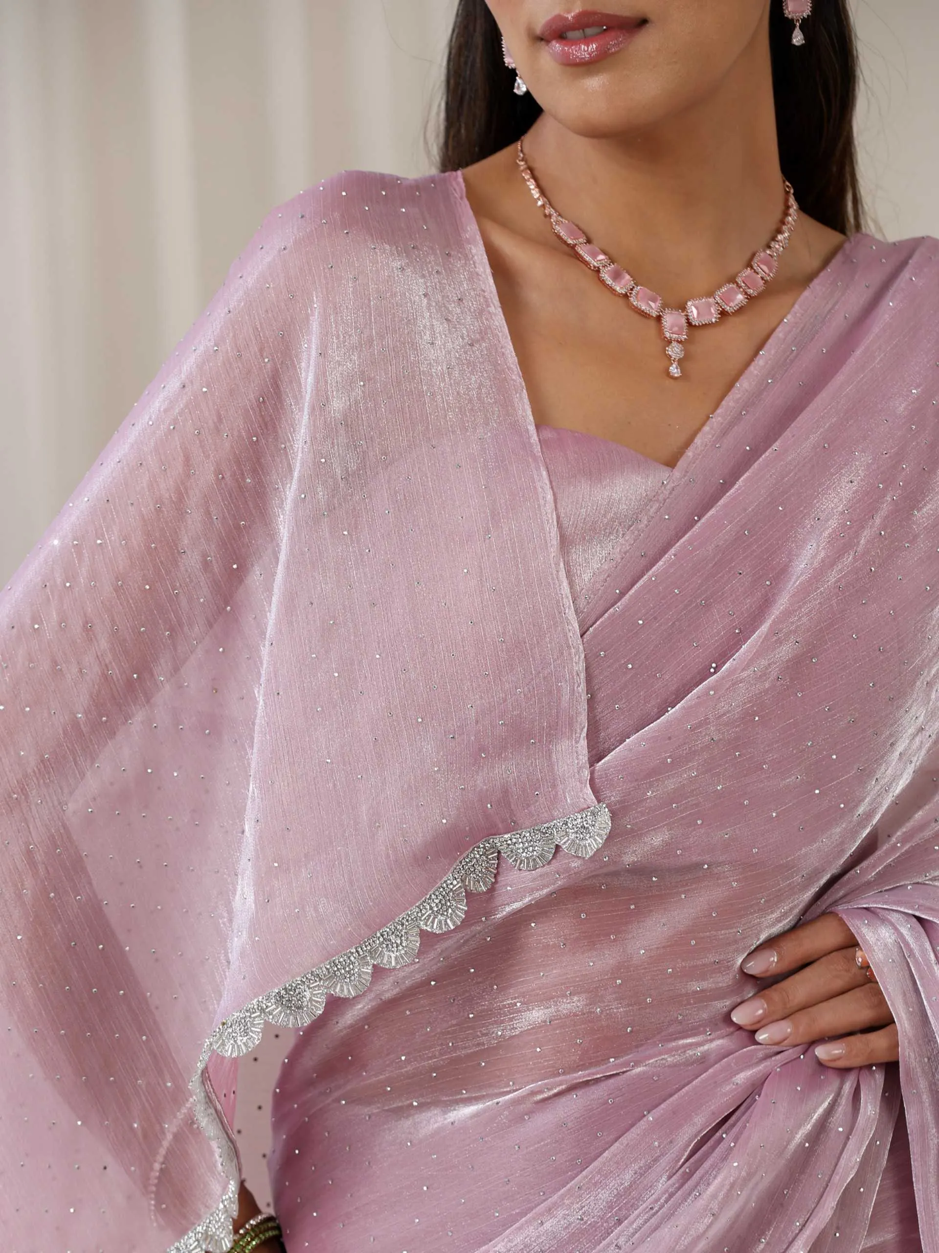 Blush Glamour Swarovski Style Organza Saree with Blouse Fabric