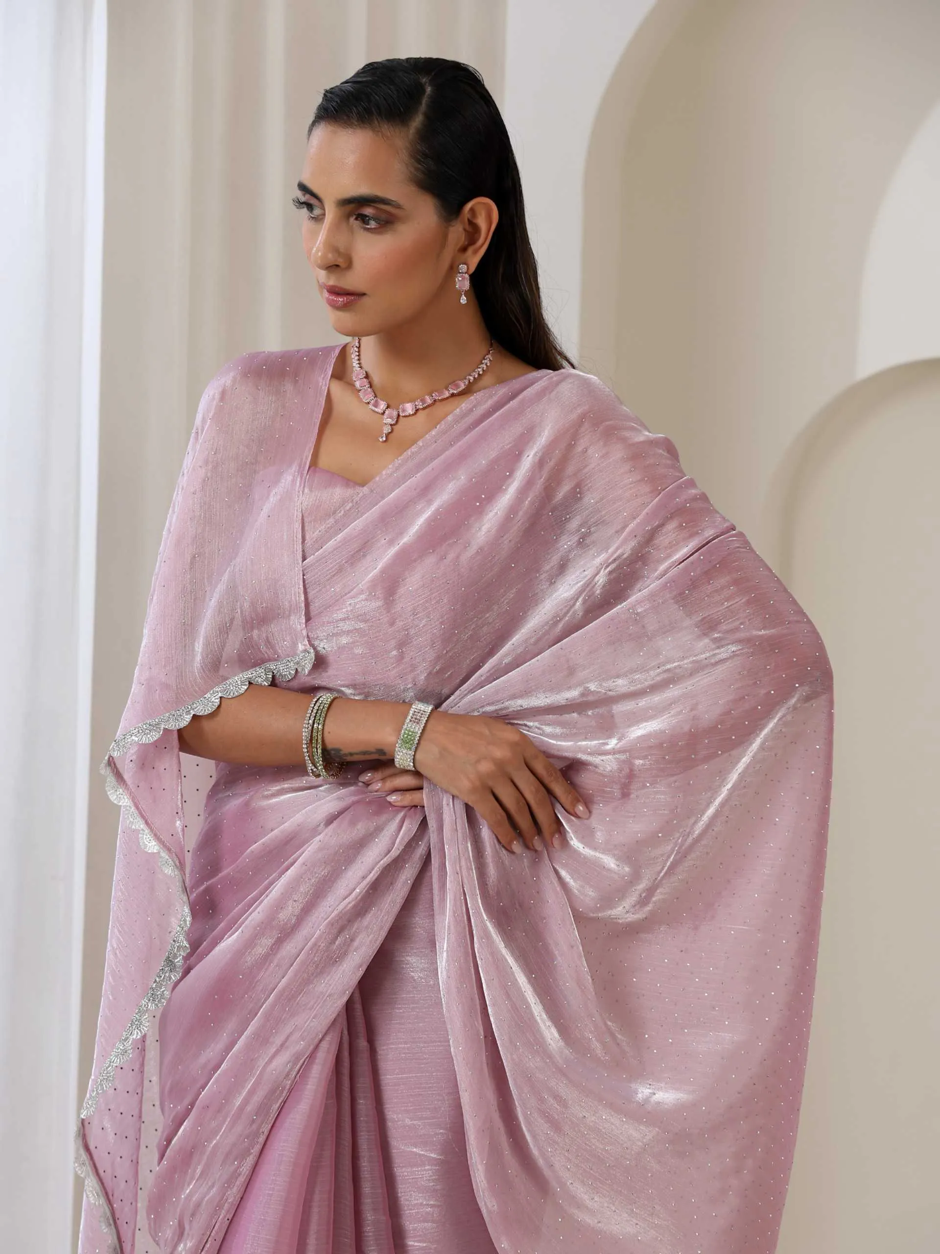 Blush Glamour Swarovski Style Organza Saree with Blouse Fabric