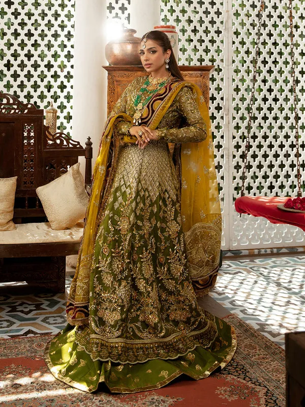 Bridal Mehndi Dress in Pishwas Frock and Lehenga Style