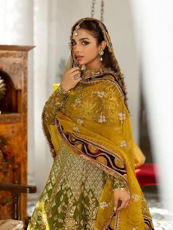 Bridal Mehndi Dress in Pishwas Frock and Lehenga Style