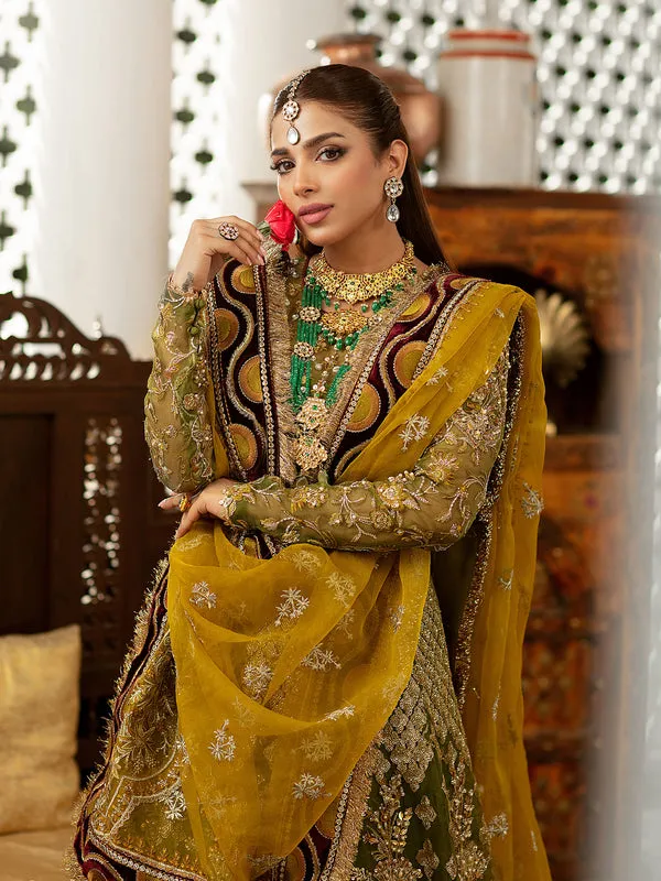 Bridal Mehndi Dress in Pishwas Frock and Lehenga Style