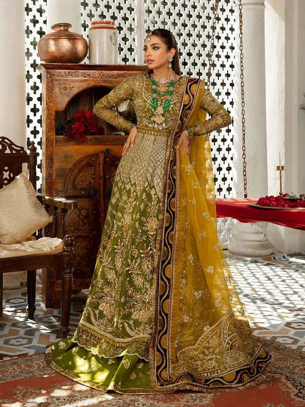 Bridal Mehndi Dress in Pishwas Frock and Lehenga Style