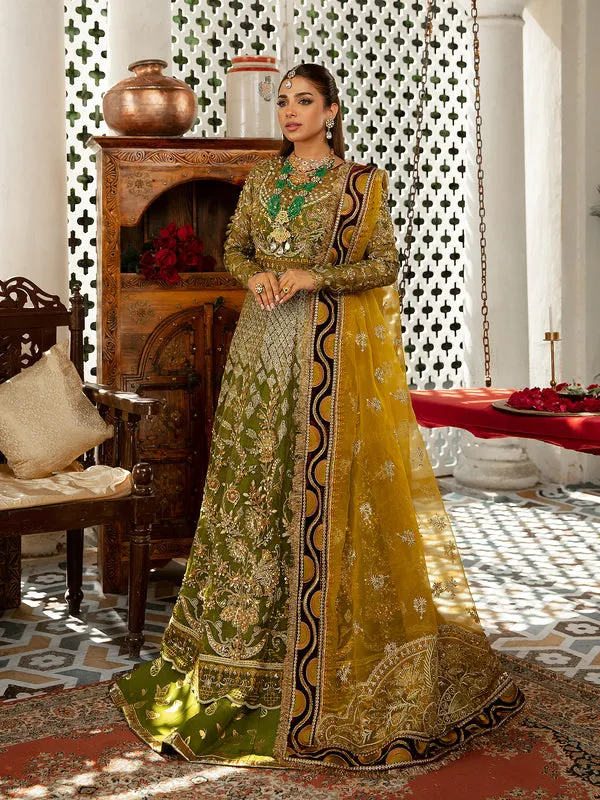 Bridal Mehndi Dress in Pishwas Frock and Lehenga Style