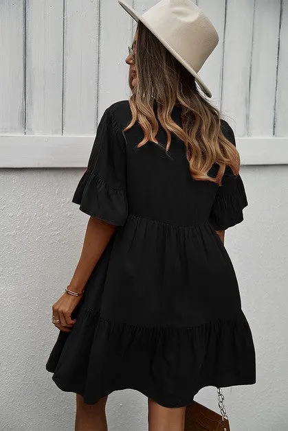 Cascade Ruffle Sleeve A-Line Dress