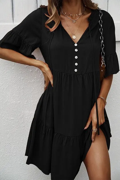 Cascade Ruffle Sleeve A-Line Dress