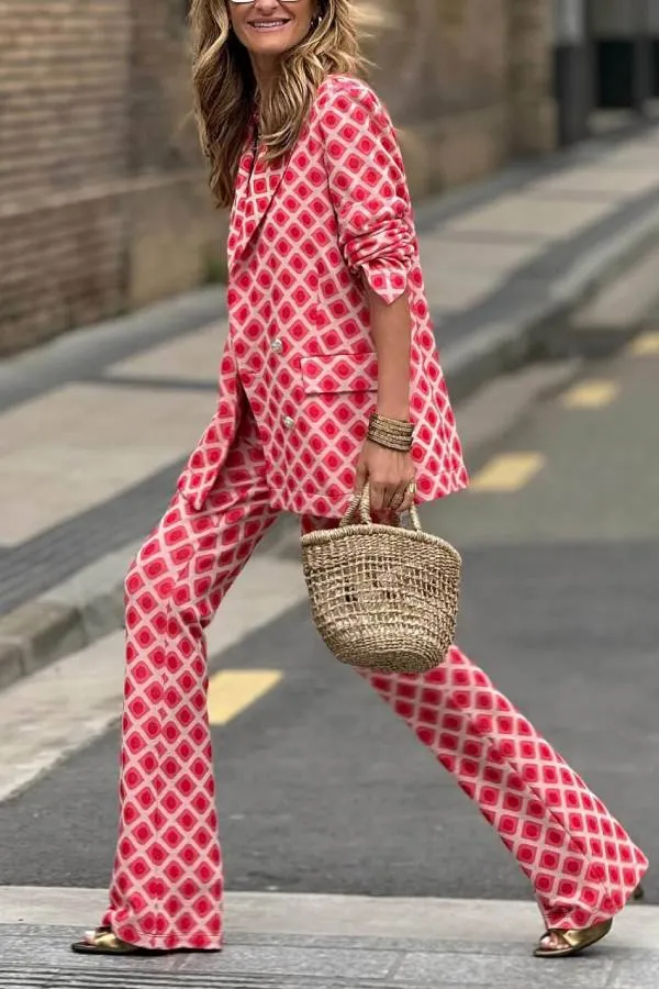 Casual Geometric Print Long Sleeve Pocket Blazer