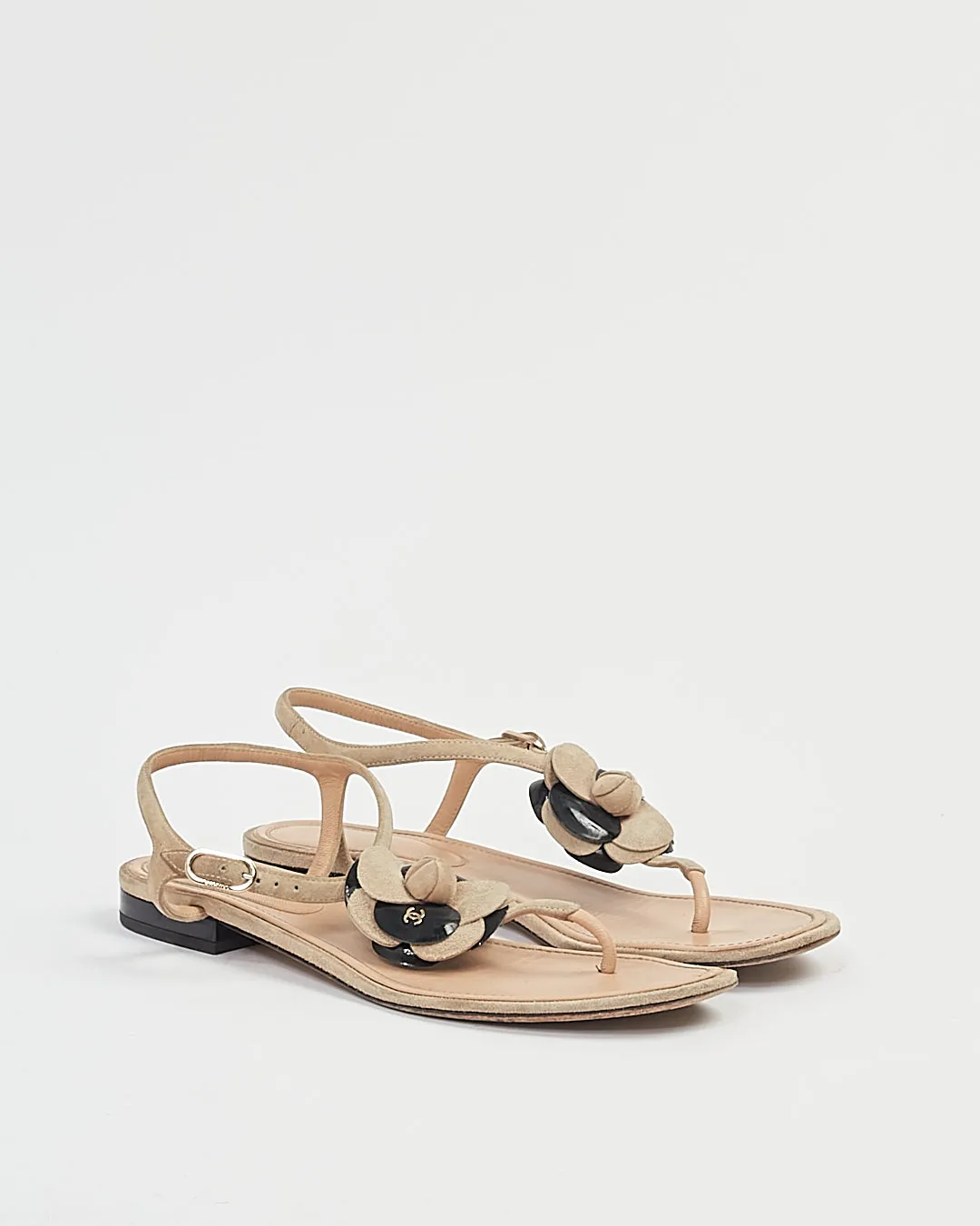 Chanel Beige/Black Camelia Flower Sandals - 38.5