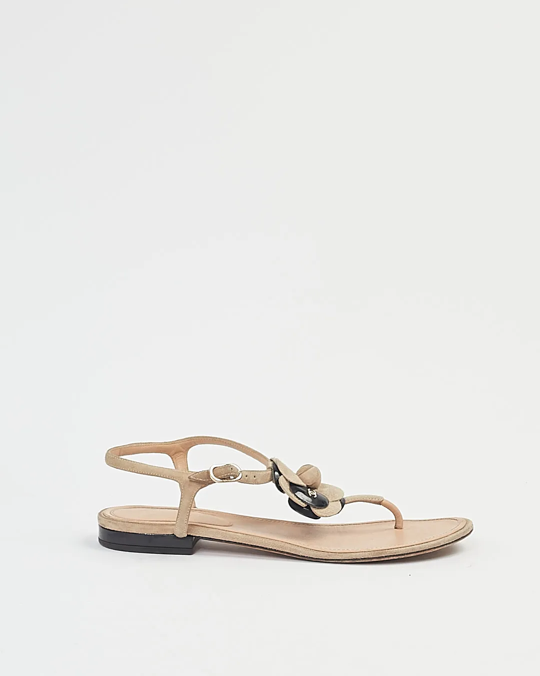 Chanel Beige/Black Camelia Flower Sandals - 38.5