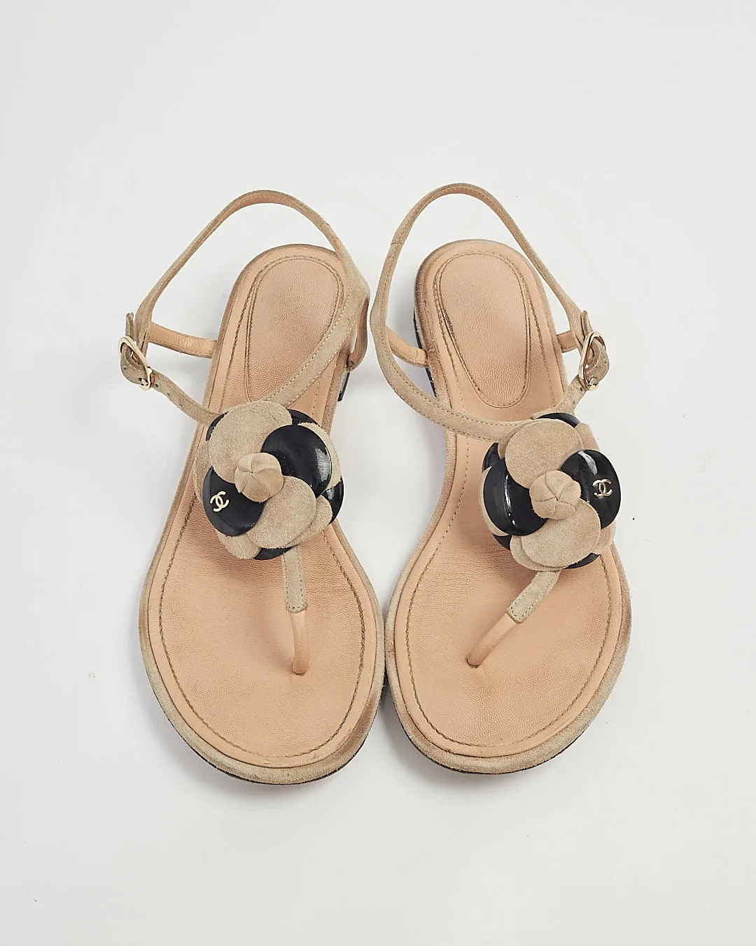 Chanel Beige/Black Camelia Flower Sandals - 38.5