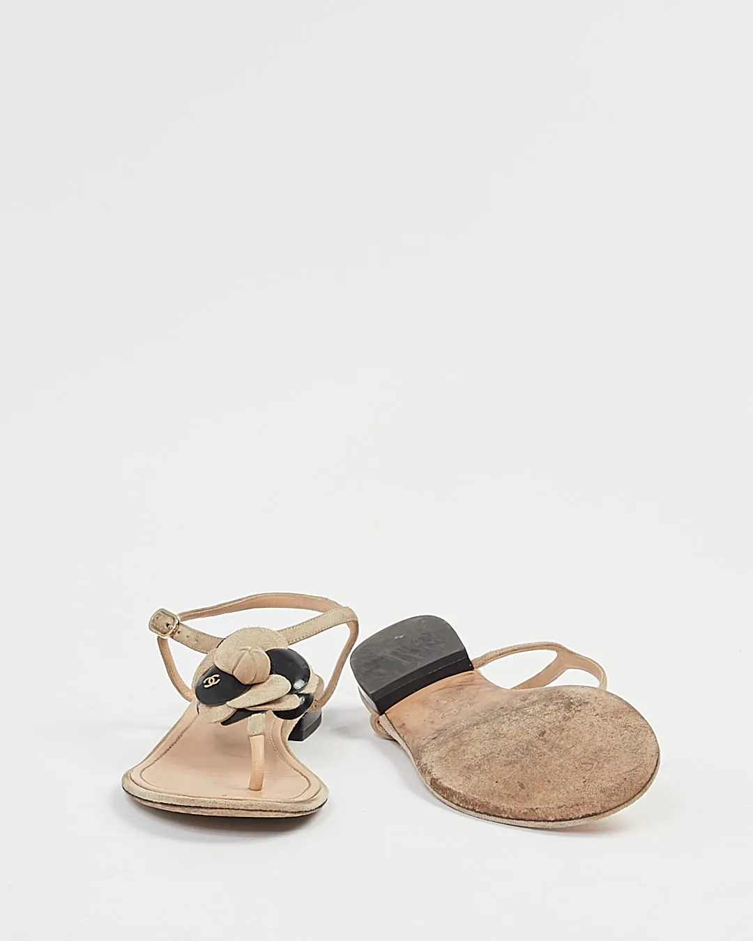 Chanel Beige/Black Camelia Flower Sandals - 38.5