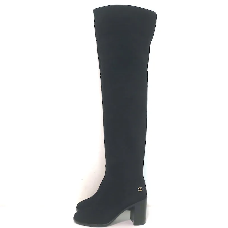 Chanel Over the Knee Boots Black Suede Size 35.5