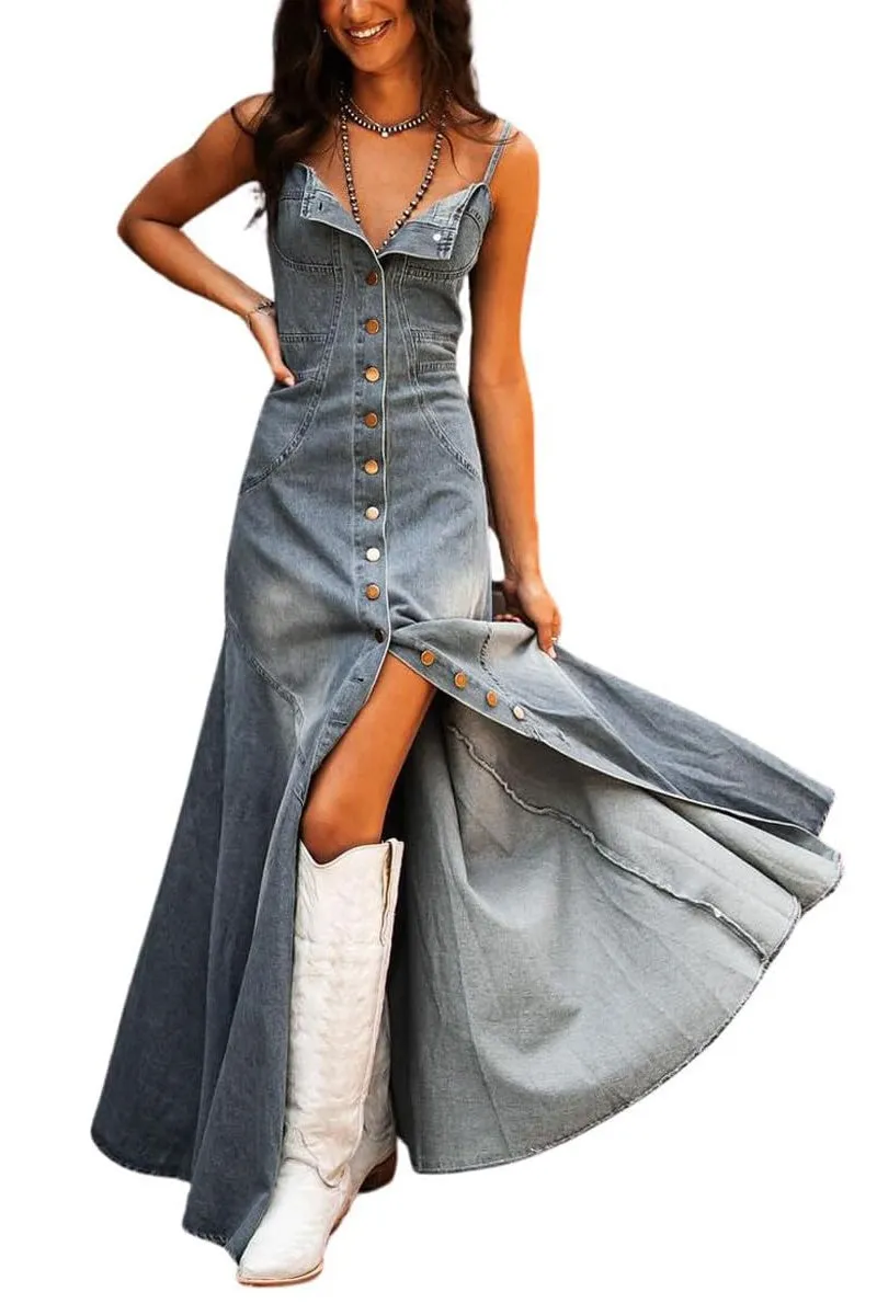Chouyatou Women's Spaghetti Strap Smocked Back Denim Dress Button Down A-Line Swing Flowy Maxi Jean Dress
