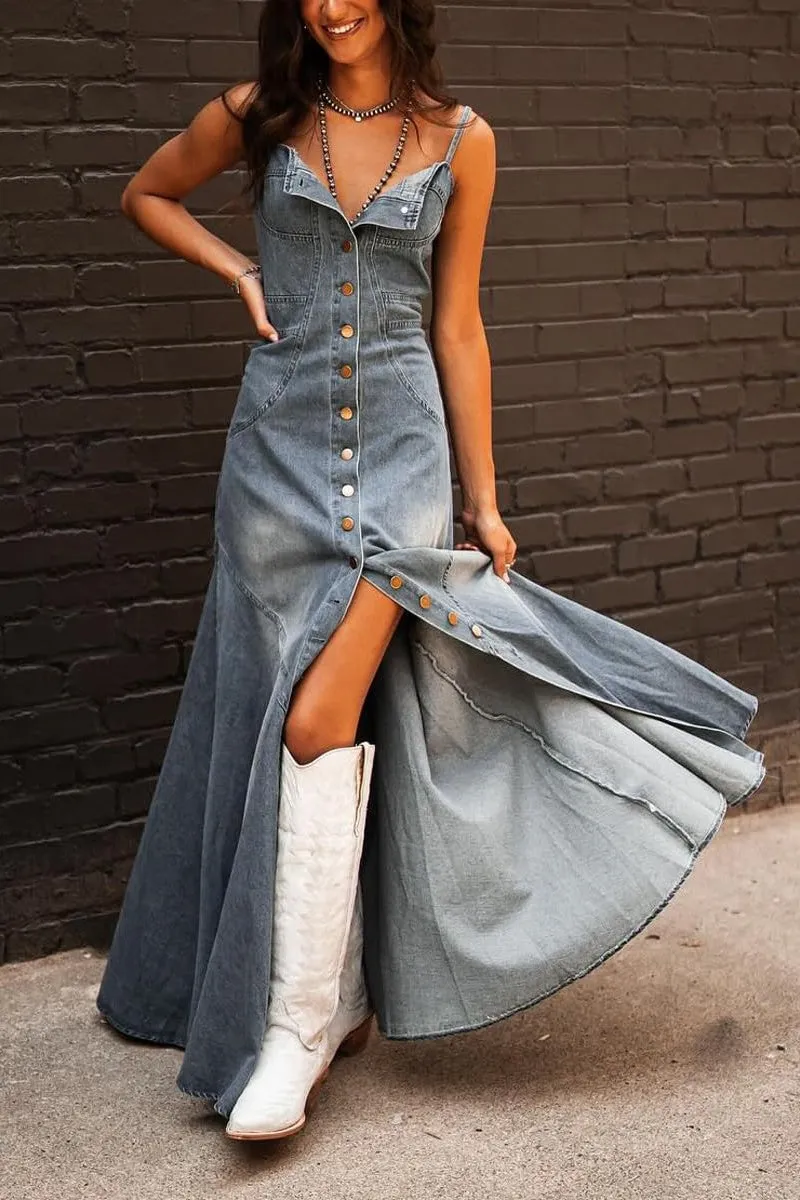 Chouyatou Women's Spaghetti Strap Smocked Back Denim Dress Button Down A-Line Swing Flowy Maxi Jean Dress