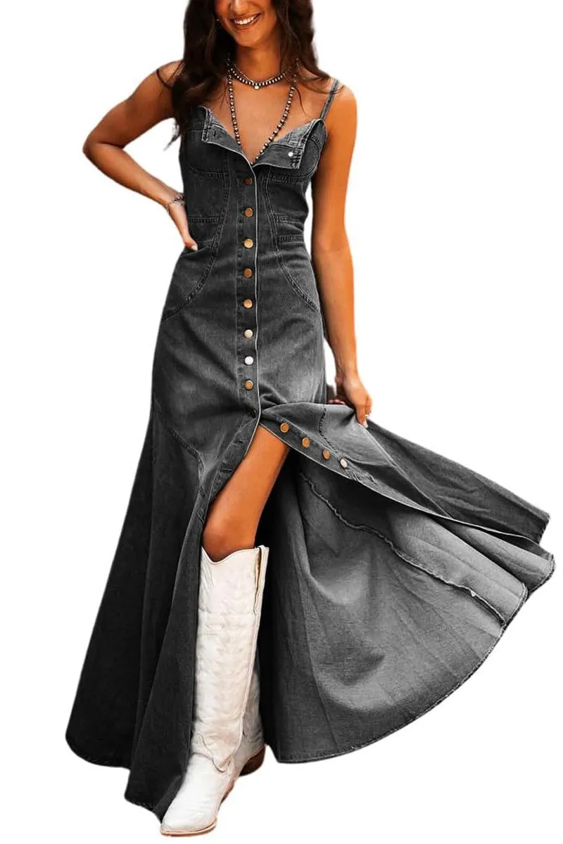 Chouyatou Women's Spaghetti Strap Smocked Back Denim Dress Button Down A-Line Swing Flowy Maxi Jean Dress