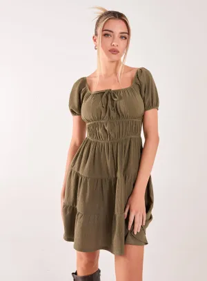 Crinkle Puff Sleeve Tiered Mini Dress