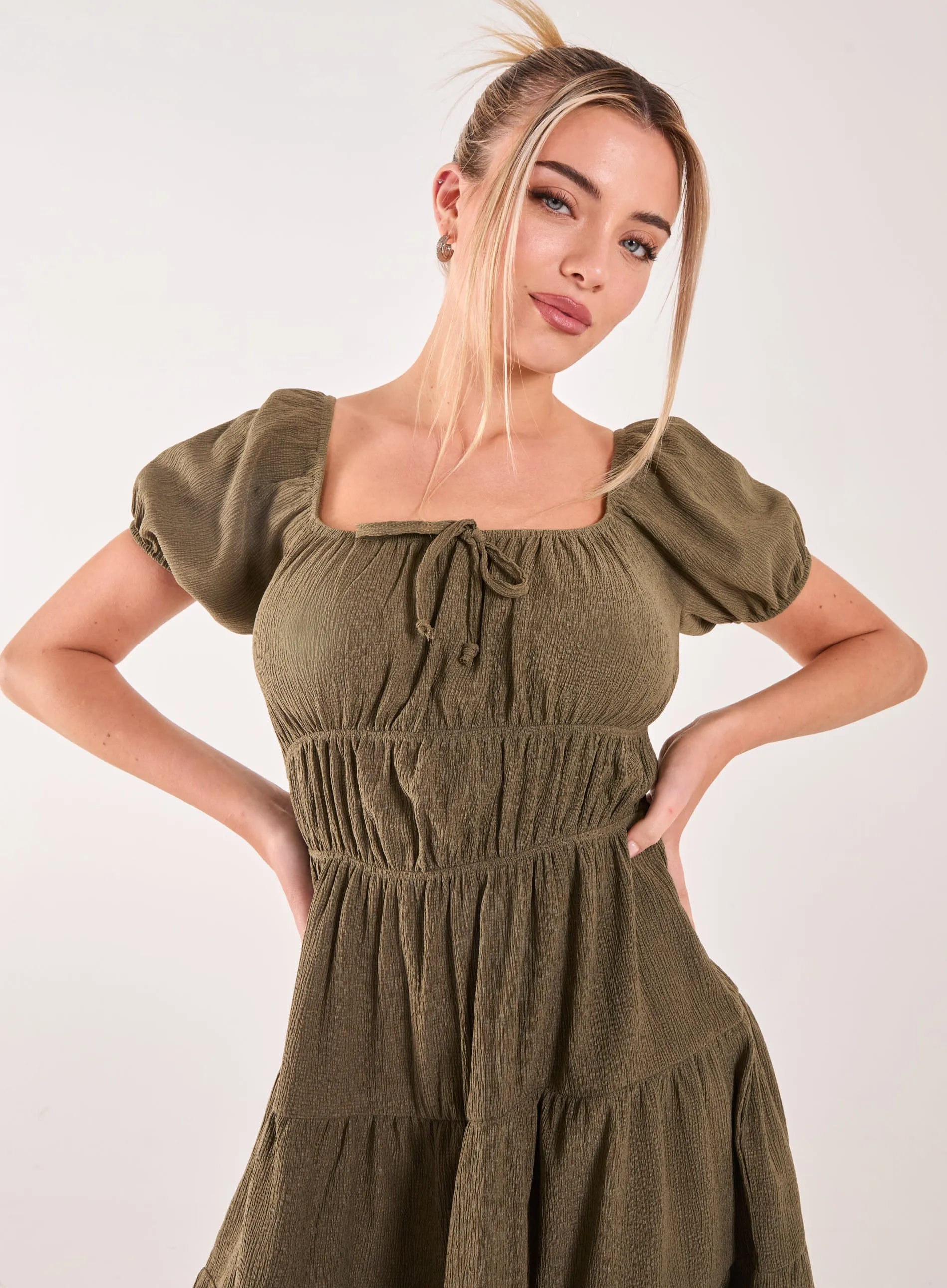 Crinkle Puff Sleeve Tiered Mini Dress