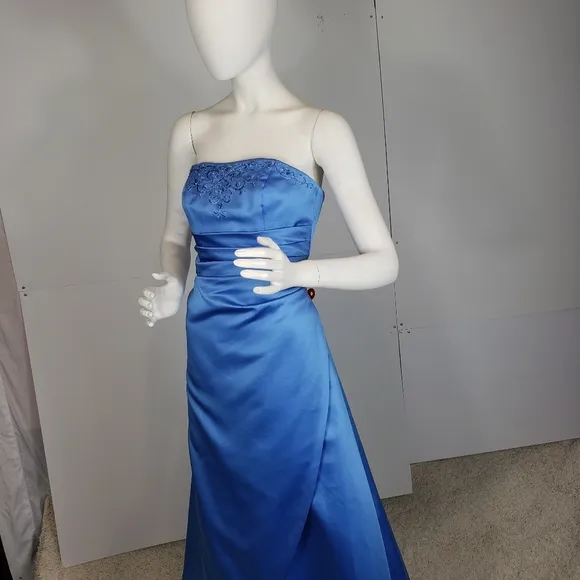 David's Bridal Strapless blue gown dress