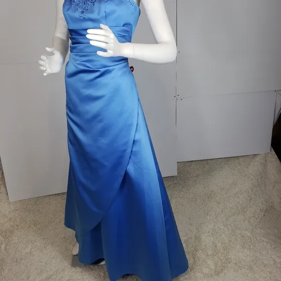 David's Bridal Strapless blue gown dress