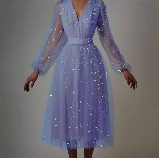 Evening Dress V-Neck Long Sleeve New Party Shining Dress   fg4561