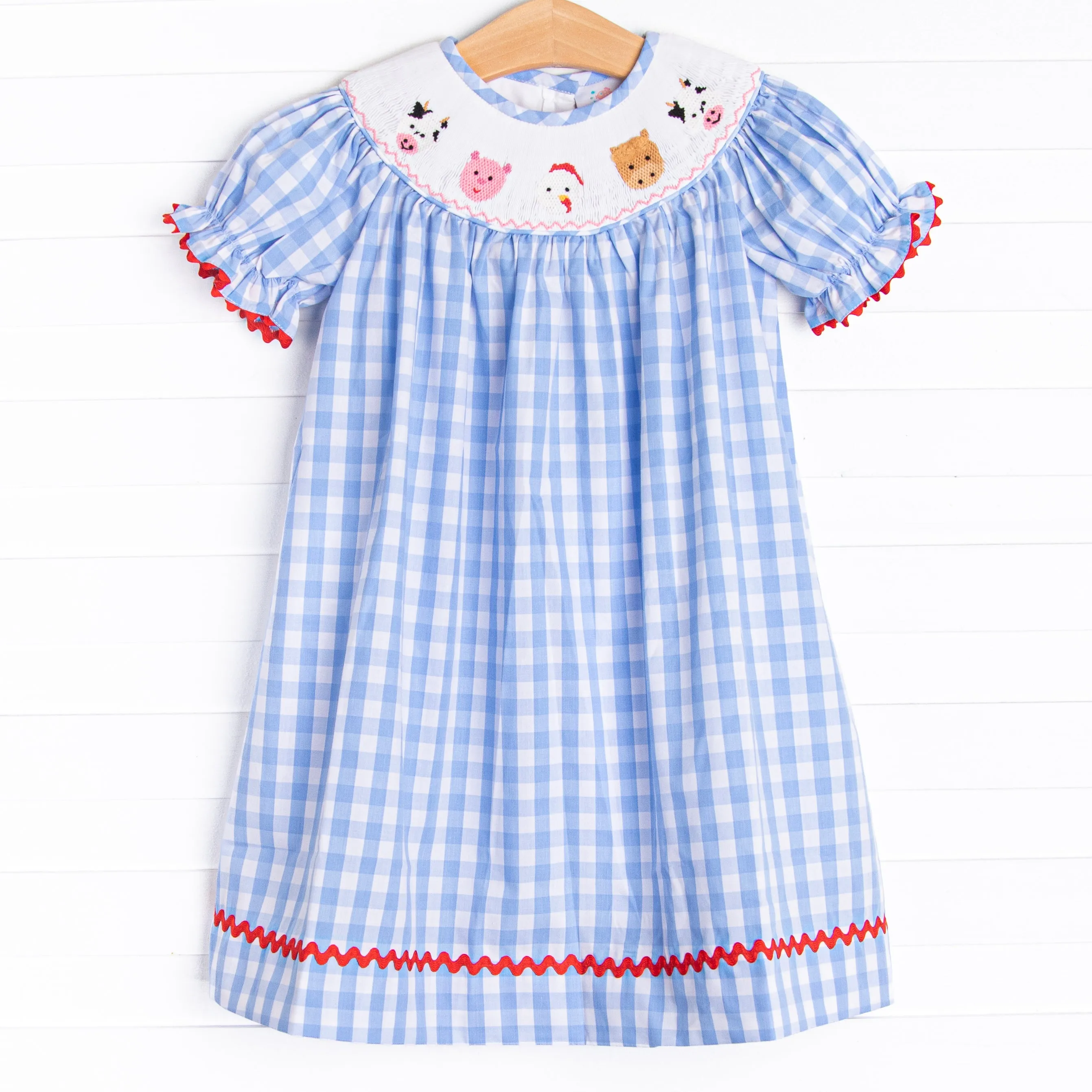 Farm Friends Smocked Bishop Dress, Blue