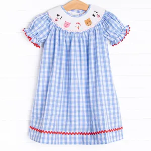 Farm Friends Smocked Bishop Dress, Blue