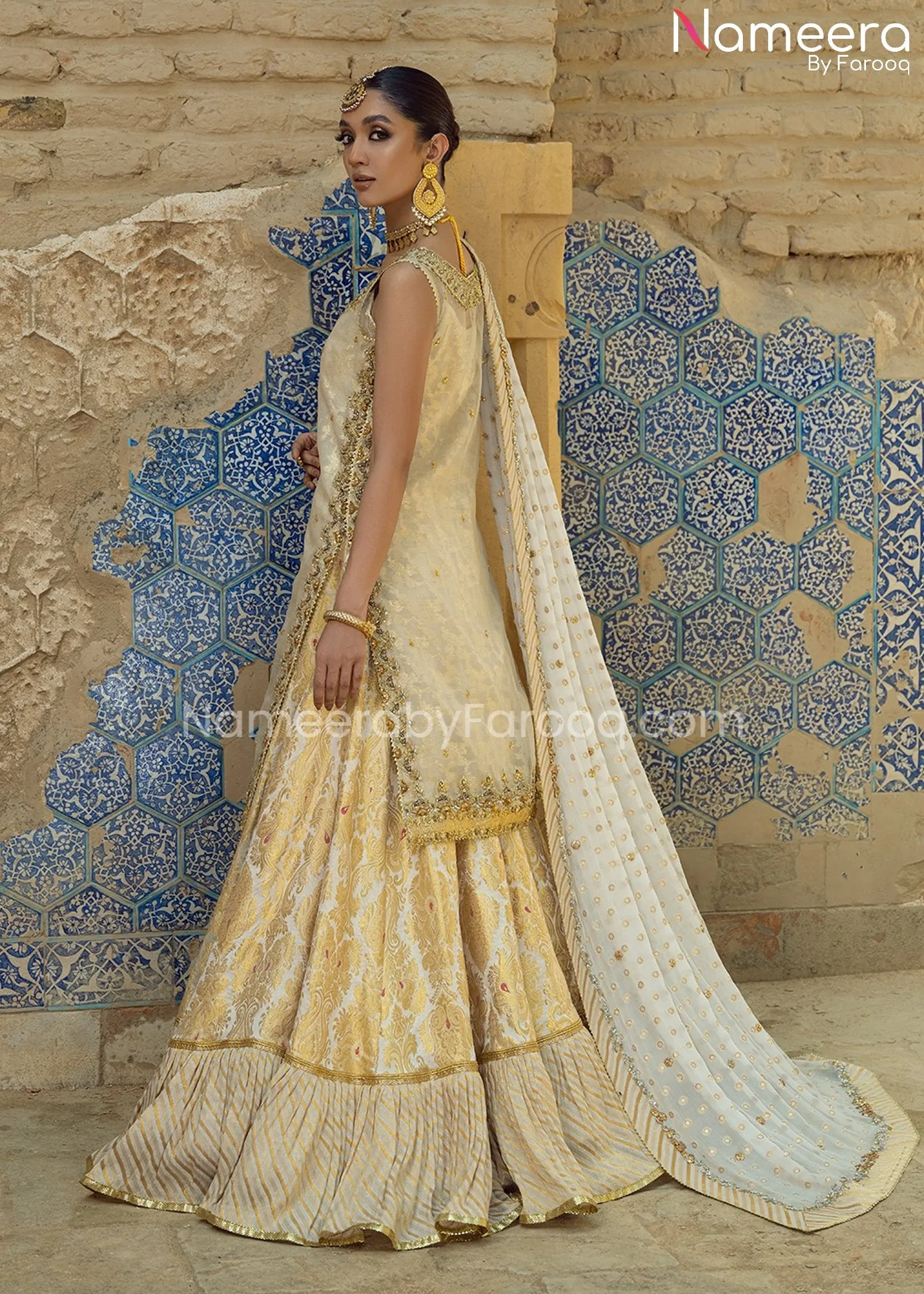 Farshi Gharara and Kameez Dupatta in Ivory Gold #BS669