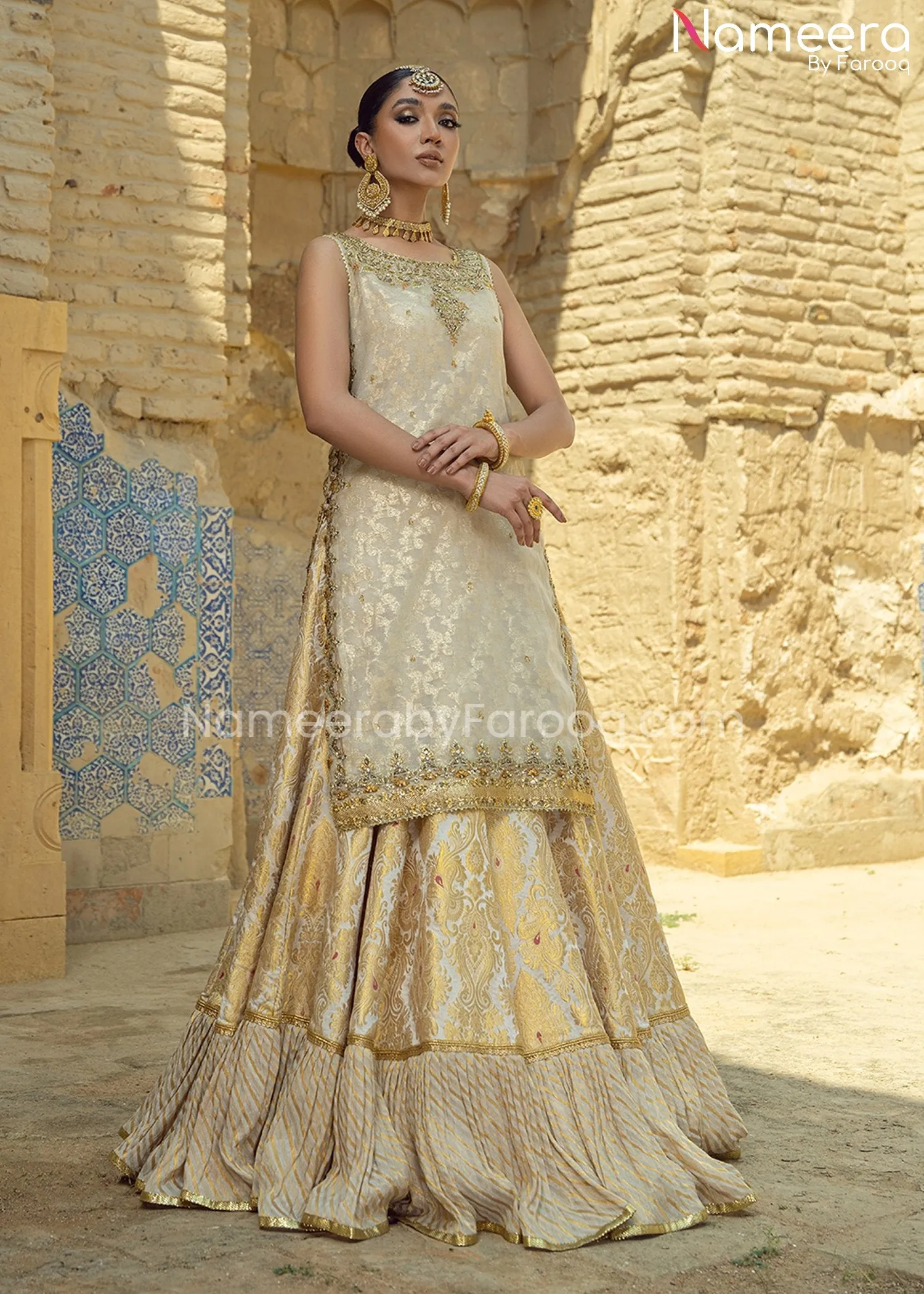Farshi Gharara and Kameez Dupatta in Ivory Gold #BS669
